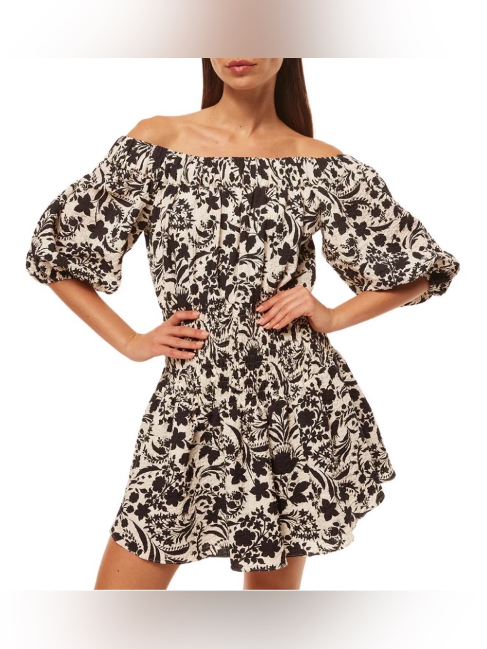 MISA Los Angeles Marta Flora Negra Floral Smocked Off Shoulder Mini Dress XS